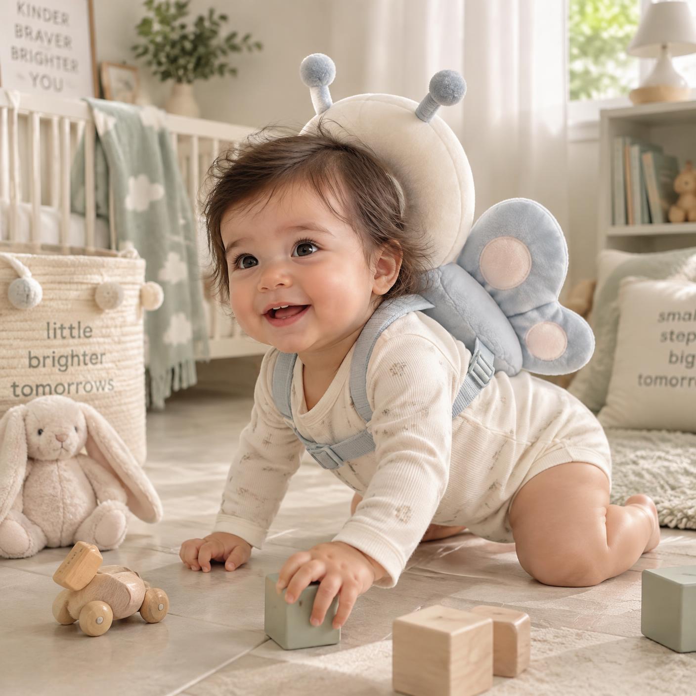Toddler crawling and playing while wearing a plush head protector
