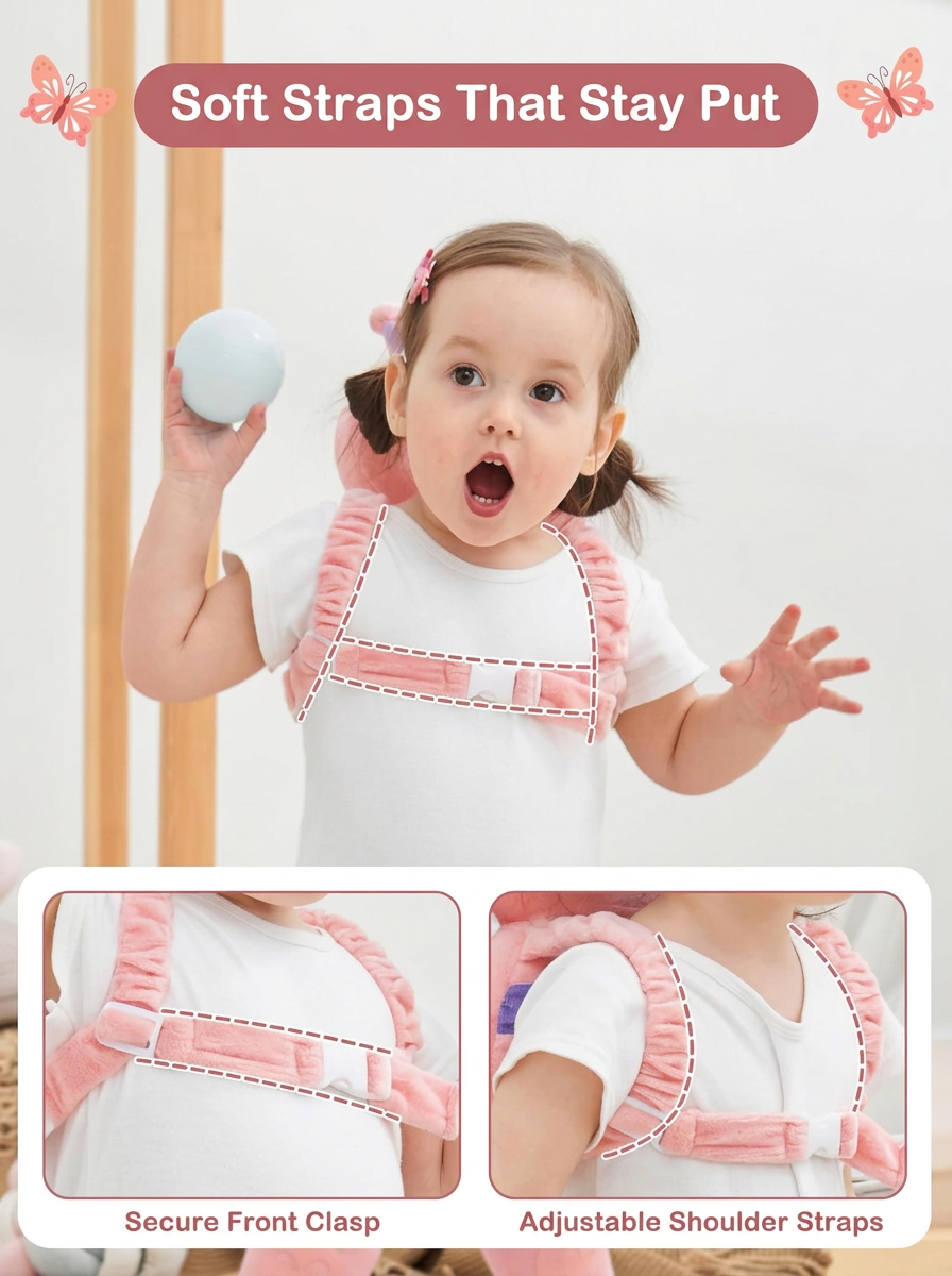 Baby wearing the soft adjustable shoulder straps and secure front clasp
